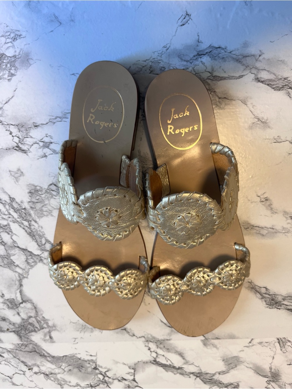 Jack Rogers Metallic Gold Scalloped Medallion Slide Sandals